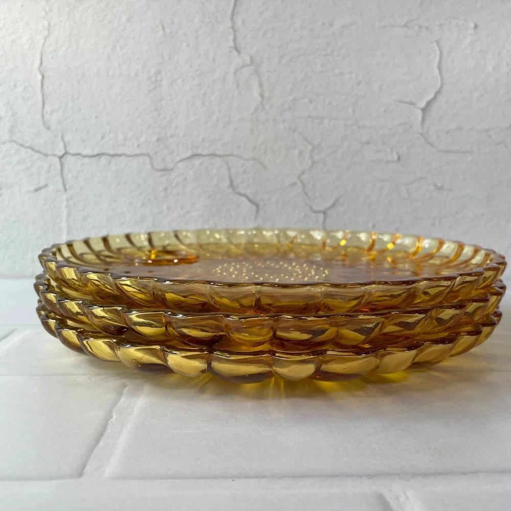 Vintage Hazel Atlas Glass AMBER Yellow Gold Sun Petal Snack Set 3 Plates 3 Cups